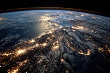 Obraz premium An aerial perspective of Earth at night reveals sparkling city lights over land and shimmering water against a dark backdrop of space