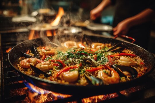 Chefs cook a flavorful shrimp and seafood paella on a grill, surrounded by flames and aromatic herbs in a lively kitchen