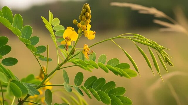 Closeup senna plant with vivid yellow flowers and green leaves