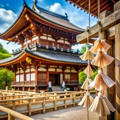 Obraz premium ceremonial omikuji with wooden architecture in background