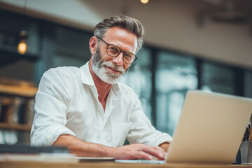 Fototapeta premium A man wearing glasses is sitting at a desk with a laptop in front of him