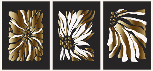 Abstract groovy posters flowers in gold tones. Modern trendy Minimal style. Hand drawn design for wallpaper, wall decor, print, postcard, cover, template, banner.