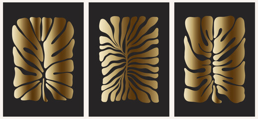 Abstract groovy posters flowers in gold tones. Modern trendy Minimal style. Hand drawn design for wallpaper, wall decor, print, postcard, cover, template, banner.
