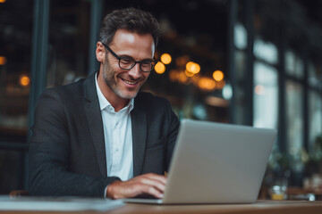 Fototapeta premium A man is sitting at a table with a laptop in front of him