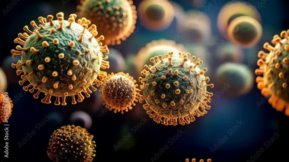 Poster microscopic view of viral pathogens and disease-causing microorganisms floating in a dark fluid envi