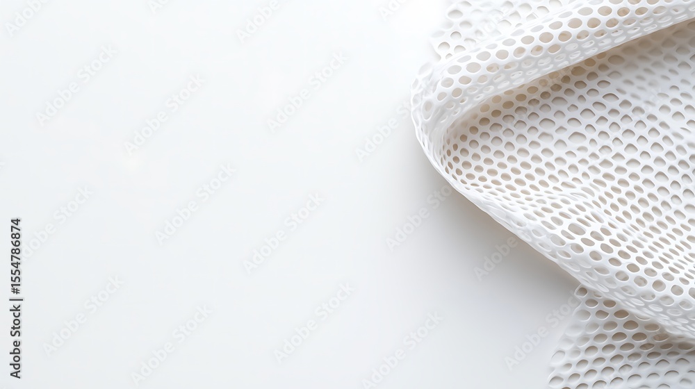 Poster a close-up image of a white perforated mesh fabric with a smooth, flowing texture on a plain white b