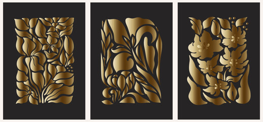 Abstract groovy posters flowers in gold tones. Modern trendy Minimal style. Hand drawn design for wallpaper, wall decor, print, postcard, cover, template, banner.