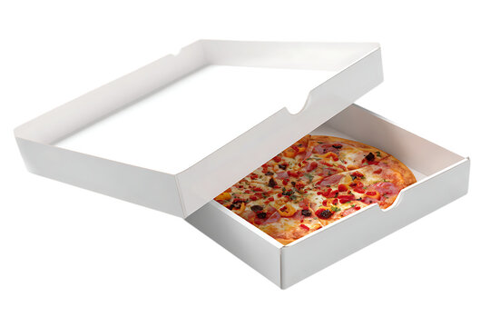 Open pizza box with inside surface visible mockup-ready food packaging isolated on transparent background 