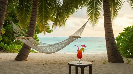 Tropical beach scene featuring a colorful cocktail on a table beside a hammock under palm trees