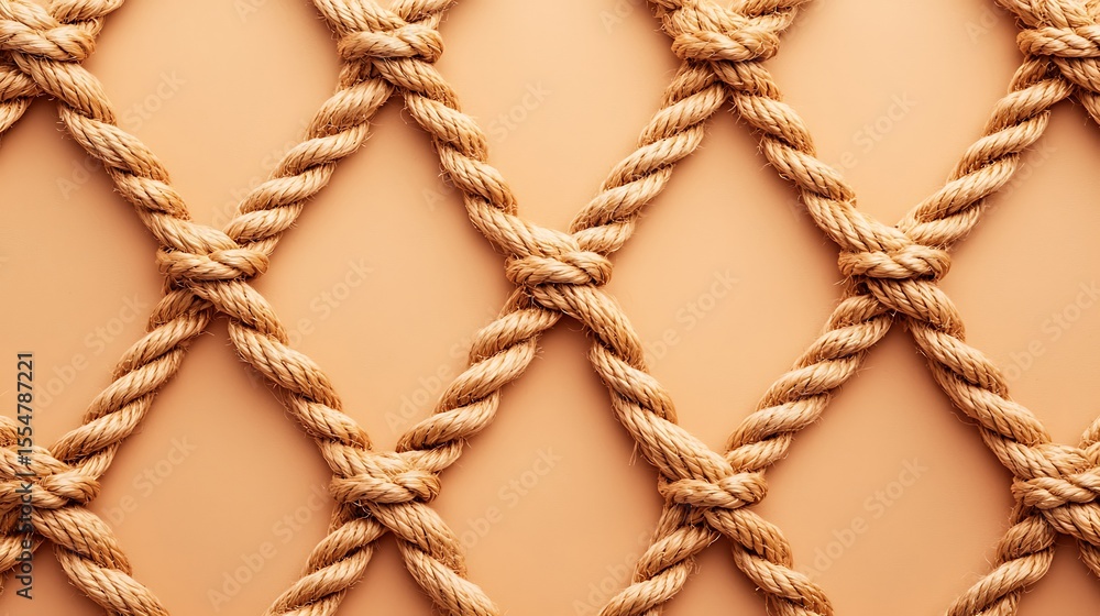 Poster a close-up image of a rope net with a beige background, showcasing the intertwined, textured fibers 