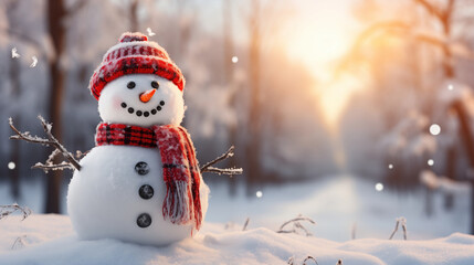 Christmas snowman with carrot nose, button eyes, red hat and scarf in snowy forest at sunrise with falling snow. Cheerful winter decoration.