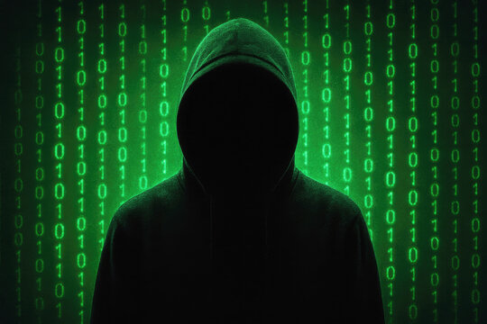 Anonymous hooded figure against digital green binary code hacker
