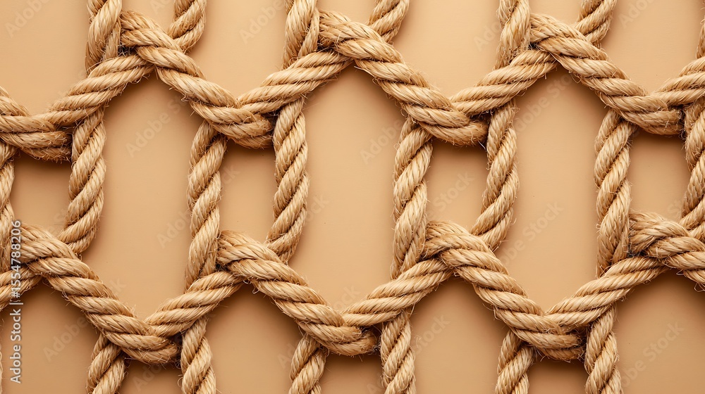 Poster a close-up of a thick beige rope net with square-shaped openings against a neutral background.