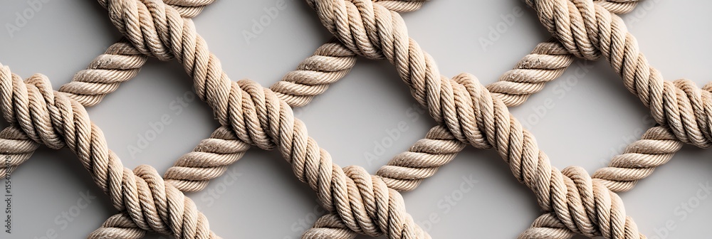 Poster close-up of intertwined beige ropes creating a diamond-shaped net pattern on a plain background.