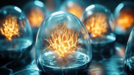 Clear egg-shaped containers encase fiery tree-like structures, blue undertones, soft focus