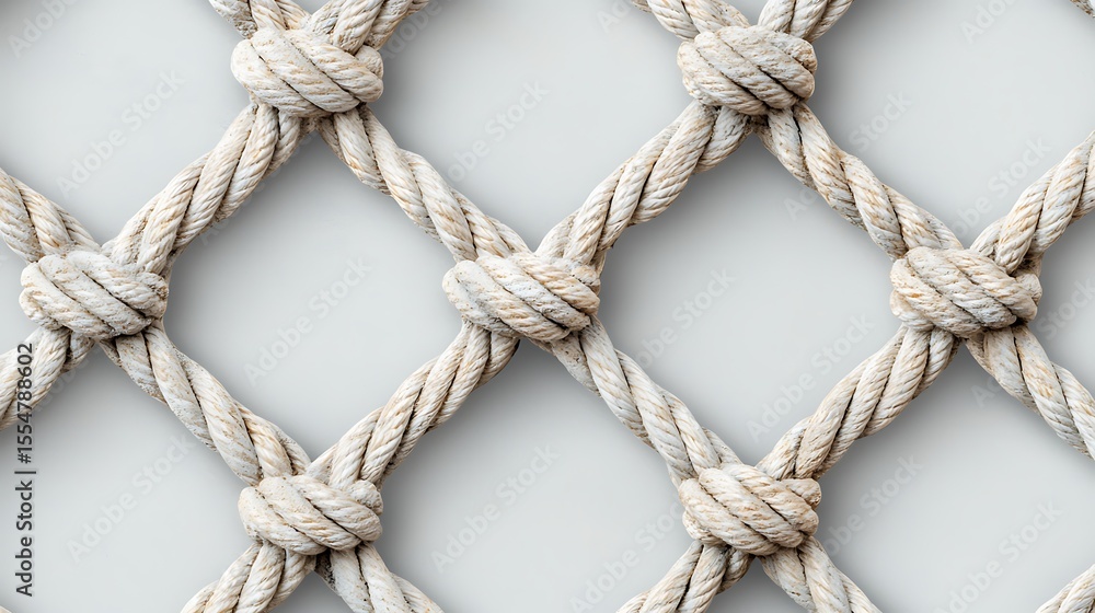Aufkleber a close-up image of a white rope net with square-shaped knots creating a grid pattern against a plai