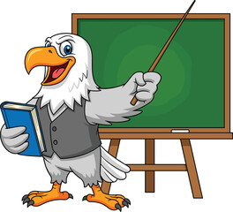 Cartoon eagle professor character wearing a vest, holding a book and pointer stick. A wise teacher bird mascot giving a lesson at school