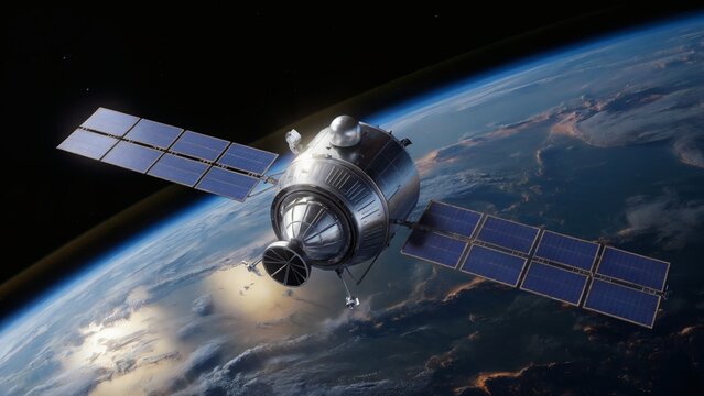 Photorealistic spacecraft in low Earth orbit with blue solar panels and silver pressure module against curved Earth horizon - Powered by Adobe