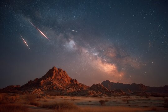 Brilliant meteors streak across a star-filled sky above rugged mountains, showcasing the beauty of nature at night - Powered by Adobe