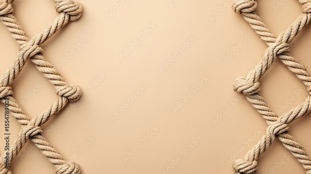 Poster beige background with symmetrical intertwined thick ropes forming a net pattern on the left and righ