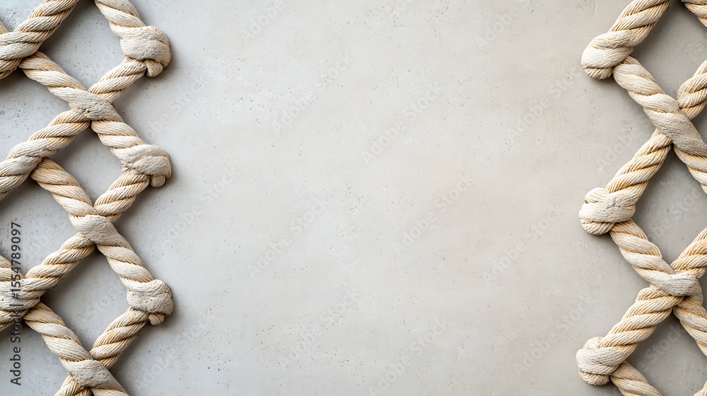 Poster thick, twisted ropes tied in a net pattern frame a light gray concrete surface in this minimalist na