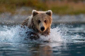 Fototapeta premium A grizzly bear is energetically splashing in a river while trying to catch fish, surrounded by stunning natural scenery at sunset
