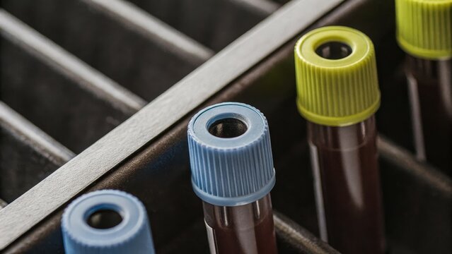Close-up of blood sample tubes with colored caps placed in a metal rack, likely in a laboratory setting.