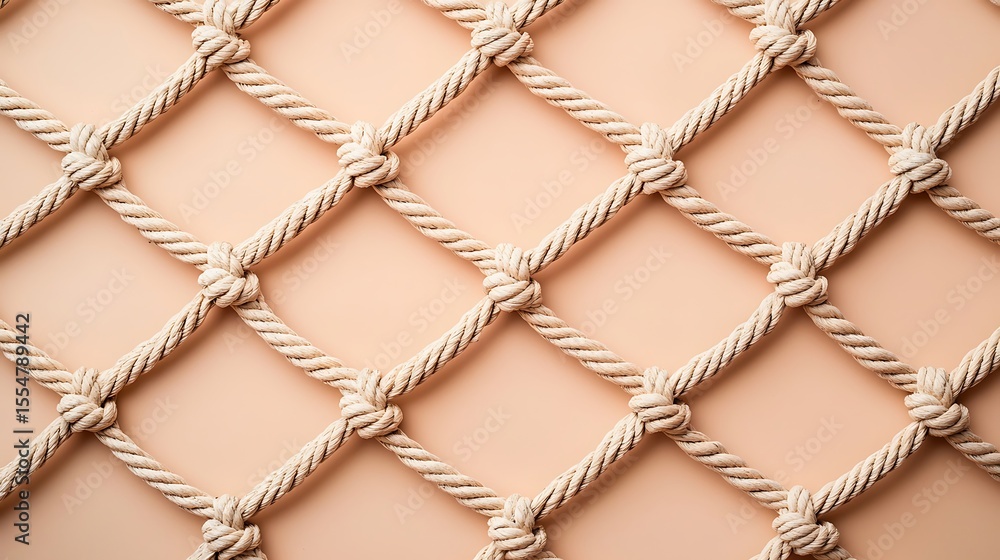 Poster a close-up image of a beige rope net with uniform knots against a peach background.