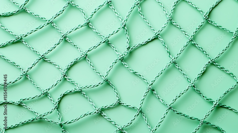 Poster a close-up image of a tangled, twisted rope net with a light green background.