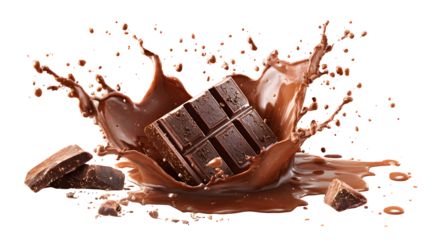 Chocolate splashed with a chocolate bar isolated on a white background