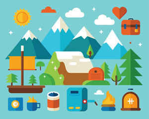 Vector art of a scenic mountain landscape with a boat, trees, and camping equipment