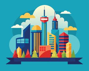 Obraz premium Vector art of a vibrant cityscape with colorful modern buildings and skyscrapers against a bright blue sky