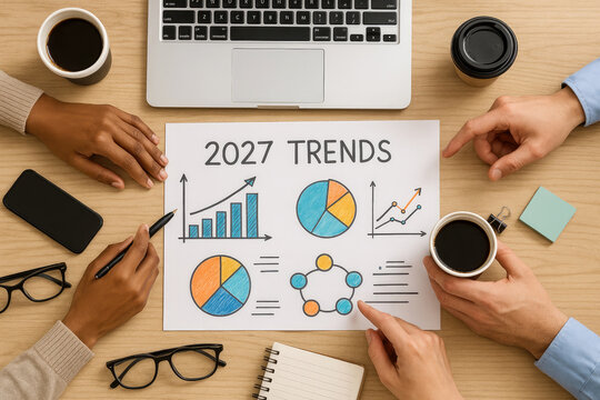 Business meeting analyzing future trends with charts and graphs collaboration analysis