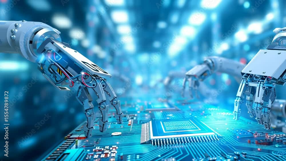Poster mechanical robotic arms with articulated fingers precisely manipulating electronic circuit board in 