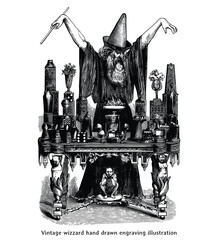 Vintage Wizard with Alchemy Table – Hand Drawn Occult Illustration