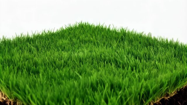 Cutout square section of green grass with roots and soil on white background showing the layers of sod and fertile earth.