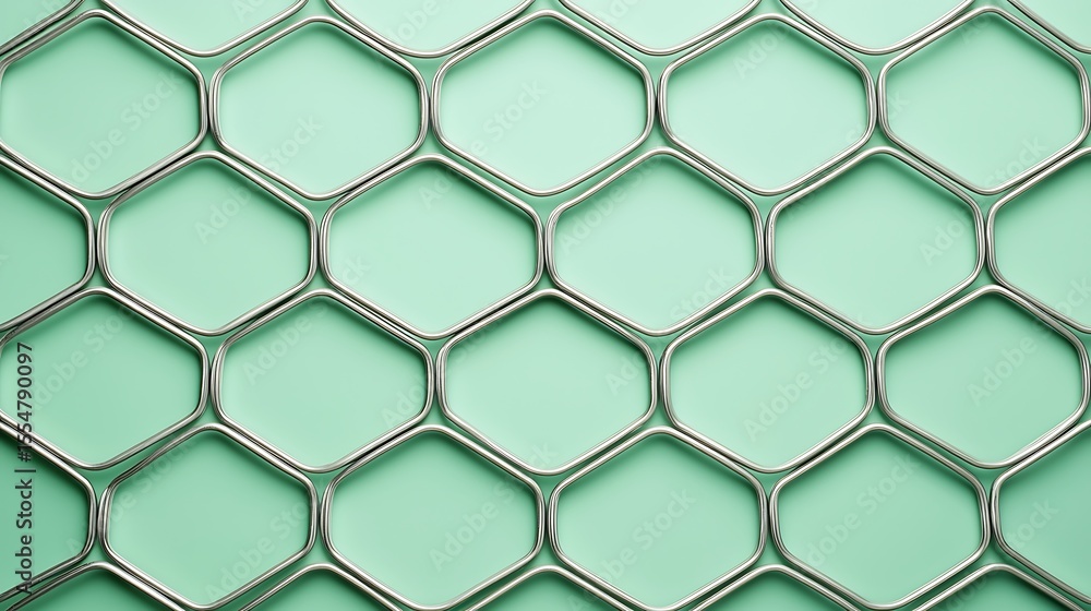 Poster close-up of a metal hexagonal mesh fence with a mint green background, highlighting the geometric pa