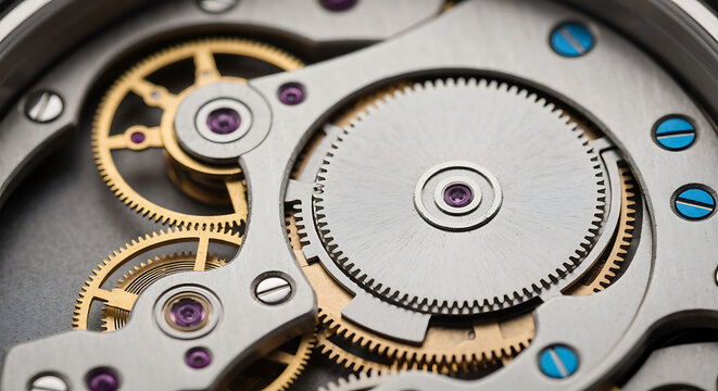 Intricate macro view of a precision mechanical watch movement with gears and jewels