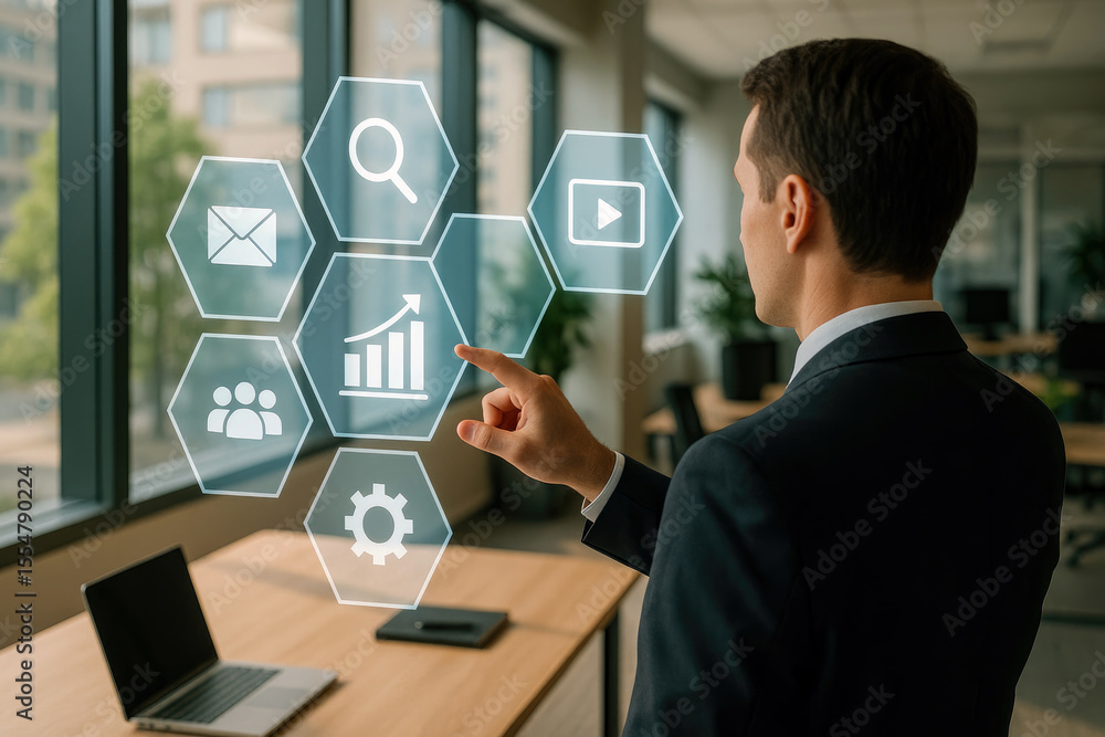 Aufkleber businessman interacting with digital interface displaying business analytics icons