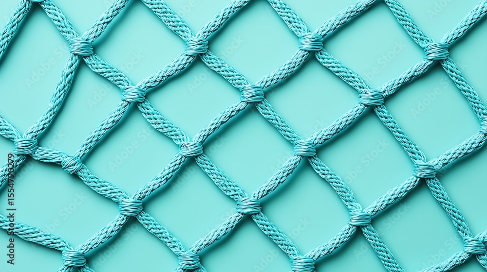 Poster close-up image of a blue rope net with square-shaped mesh and knotted intersections against a light 