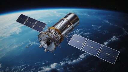 Cylindrical satellite with cross-shaped solar arrays orbiting above vibrant blue Earth and turquoise atmospheric glow