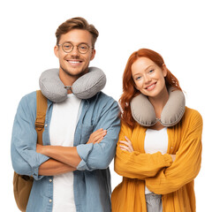 Two young travelers with neck pillows and bags smiling confidently isolated on transparent background