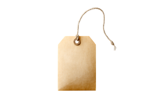 Tea bag with label and string subtle paper fiber details kitchen object isolated on transparent background 