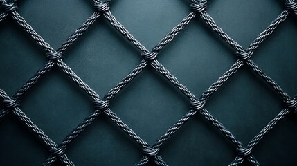 Fototapeta premium Close-up of a metal wire fence with a diamond pattern against a dark teal background.