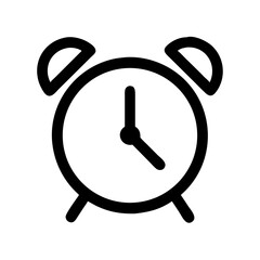 Minimalist black outline vector icon of an alarm clock, symbolizing time management, waking up, and scheduling. Clean design on a transparent background