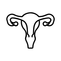 Minimalist black outline vector icon of a female reproductive system, including the uterus, fallopian tubes, and ovaries, symbolizing women's health, fertility, and anatomy
