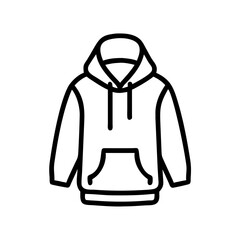 Minimalist black outline vector icon of a hoodie sweatshirt with a hood and front pouch pocket, symbolizing casual fashion, comfort, and streetwear. Clean design on a transparent background