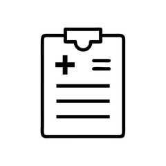 Minimalist black outline vector icon of a medical report, symbolizing healthcare documentation, diagnosis, and patient records. Clean design on a transparent background