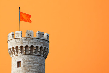 Castle Tower with Red Flag on Orange Background, Minimalist Concept