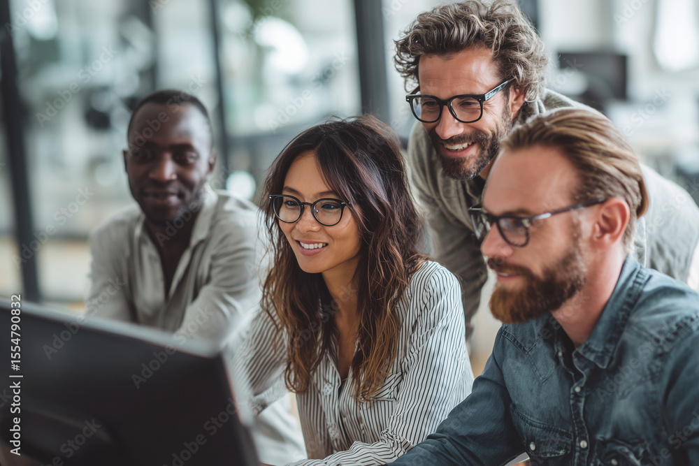 Poster a group of people are smiling and looking at a computer screen